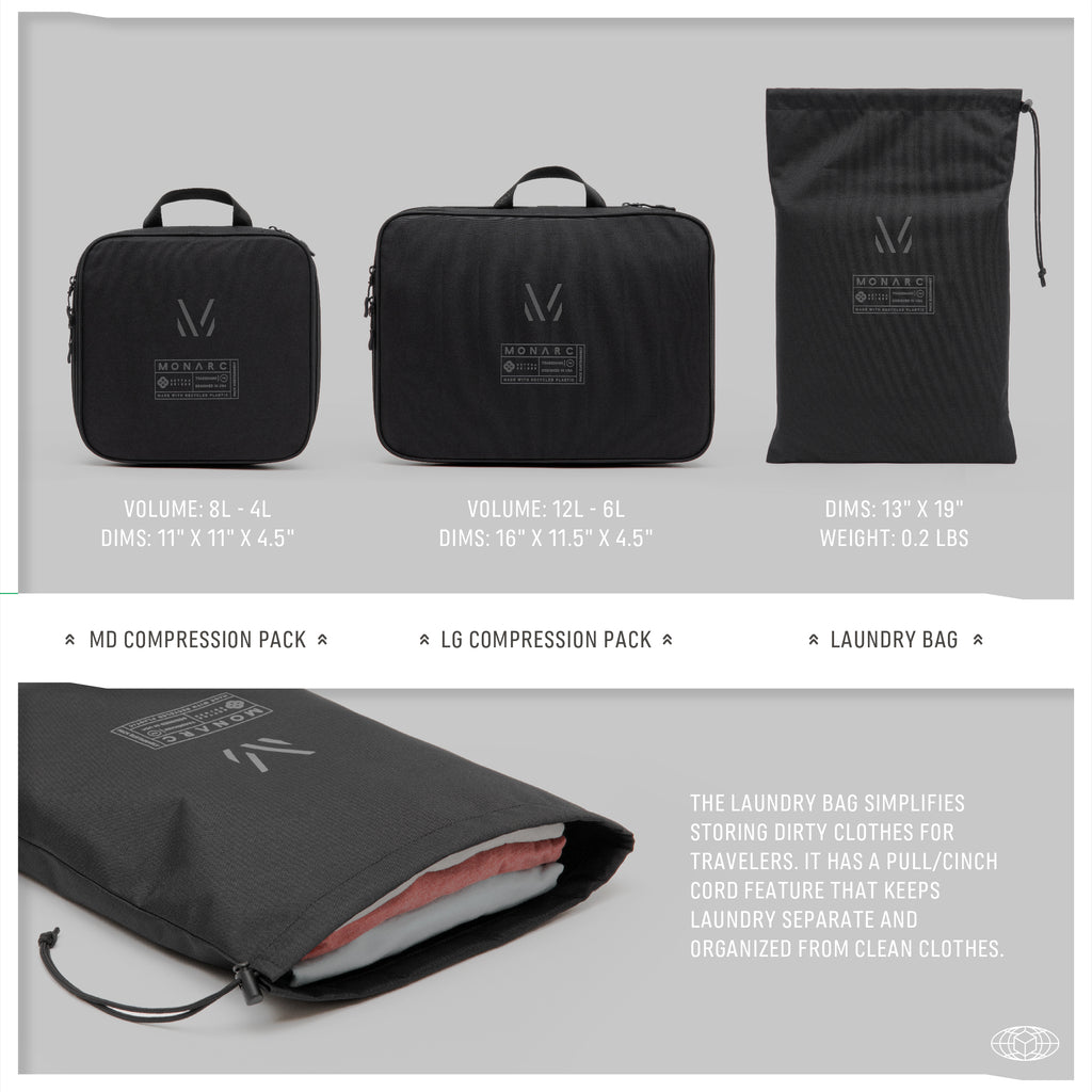 Monarc Travel Set displayed, featuring a medium compression pack, a large compression pack, and a lightweight laundry bag, all in sleek black with the Monarc logo. Designed for efficient space-saving and organization, the set caters to diverse packing needs for the modern traveler.