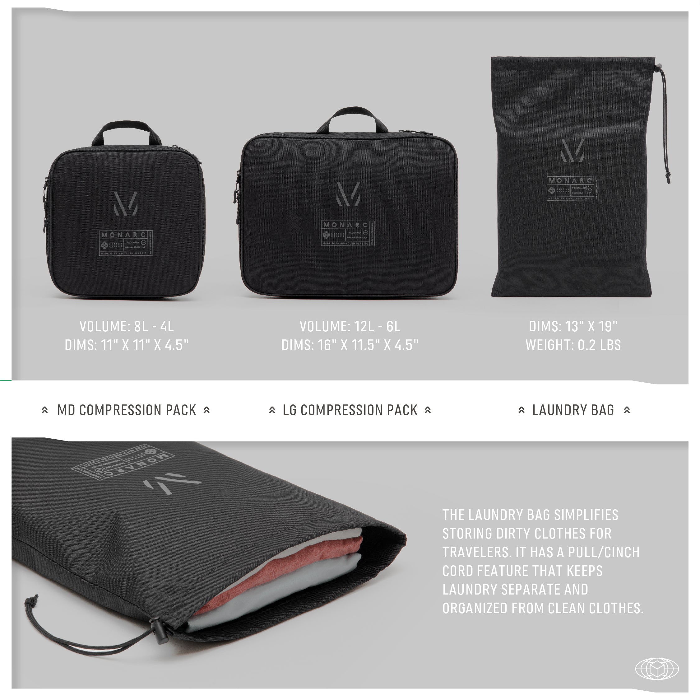 Monarc Travel Set displayed, featuring a medium compression pack, a large compression pack, and a lightweight laundry bag, all in sleek black with the Monarc logo. Designed for efficient space-saving and organization, the set caters to diverse packing needs for the modern traveler.