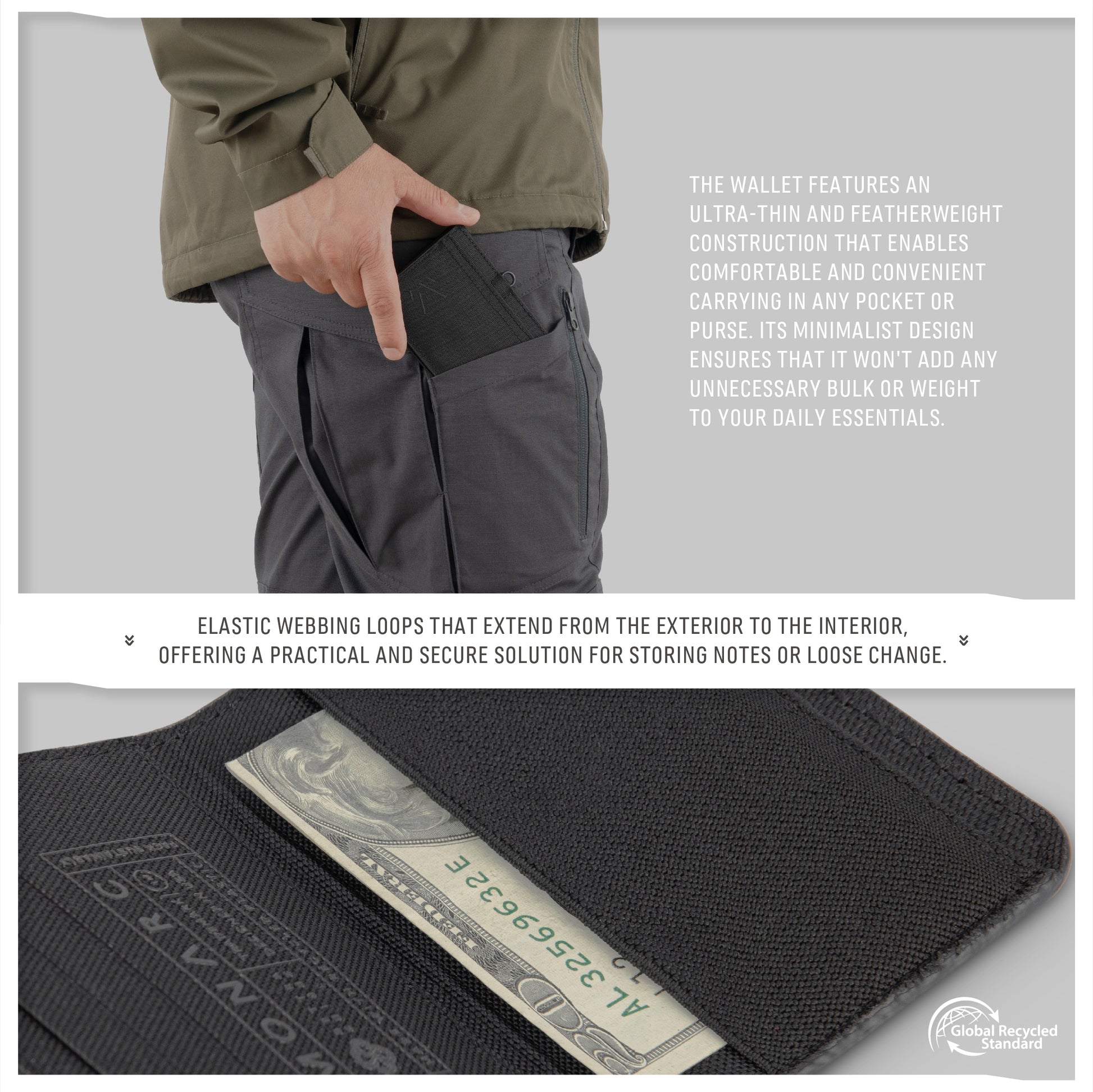 Detail of a Monarc wallet's unique feature—elastic webbing loops—showcased while tucked in a pocket. The loops allow for flexible storage of notes and change, ensuring functionality meets style in this slim design, crafted from durable recycled materials.