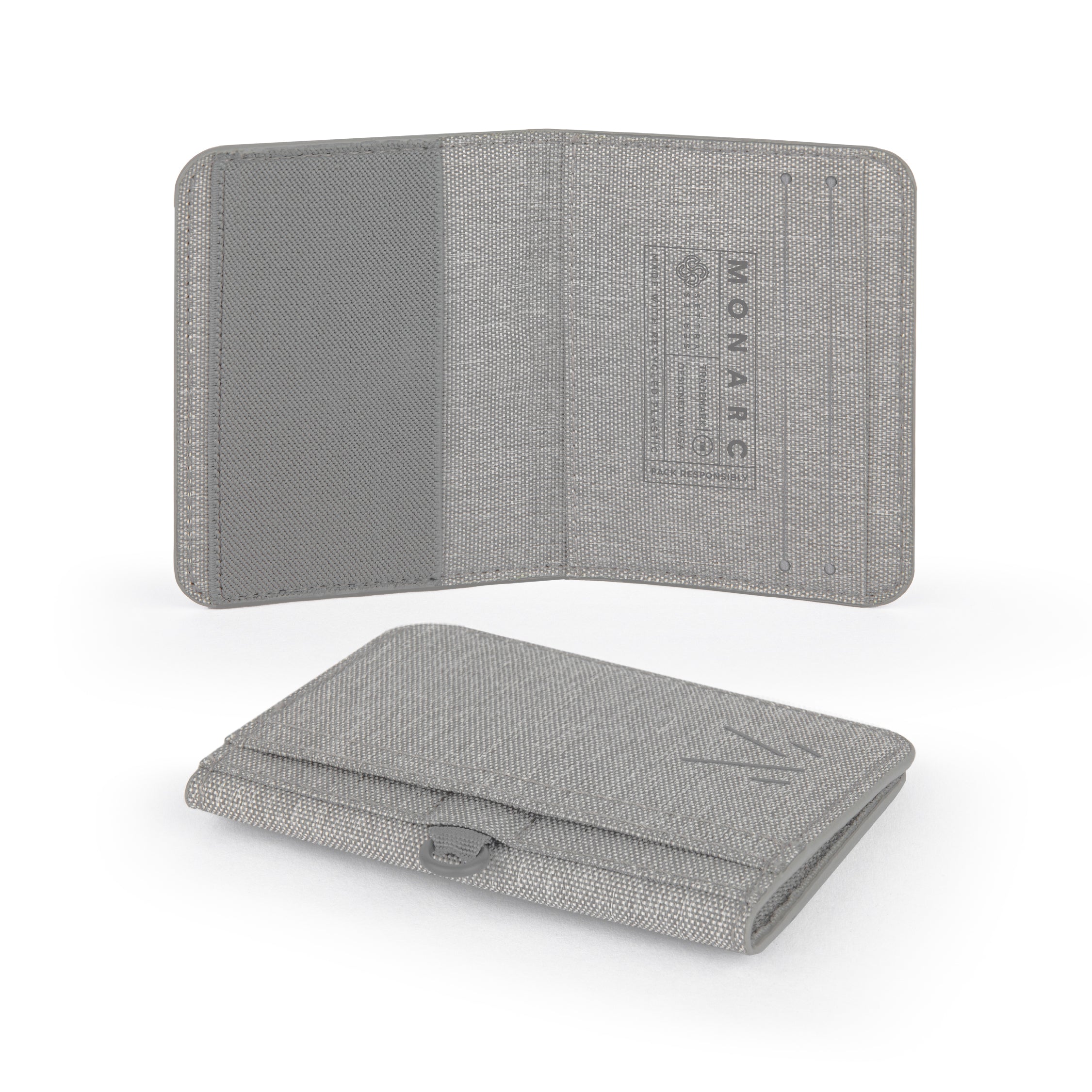 Elegantly designed Monarc wallet in gray, open to display its organized interior. The wallet is made from recycled materials, featuring multiple card slots and detailed stitching, offering a blend of style, functionality, and sustainability.
