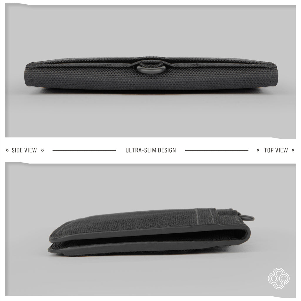 Profile and overhead view of the ultra-slim Monarc wallet, emphasizing its sleek design. Its minimalist construction is highlighted through precision stitching and a discrete pull tab, crafted from durable recycled fabric, perfect for those who value elegance and environmental consciousness.
