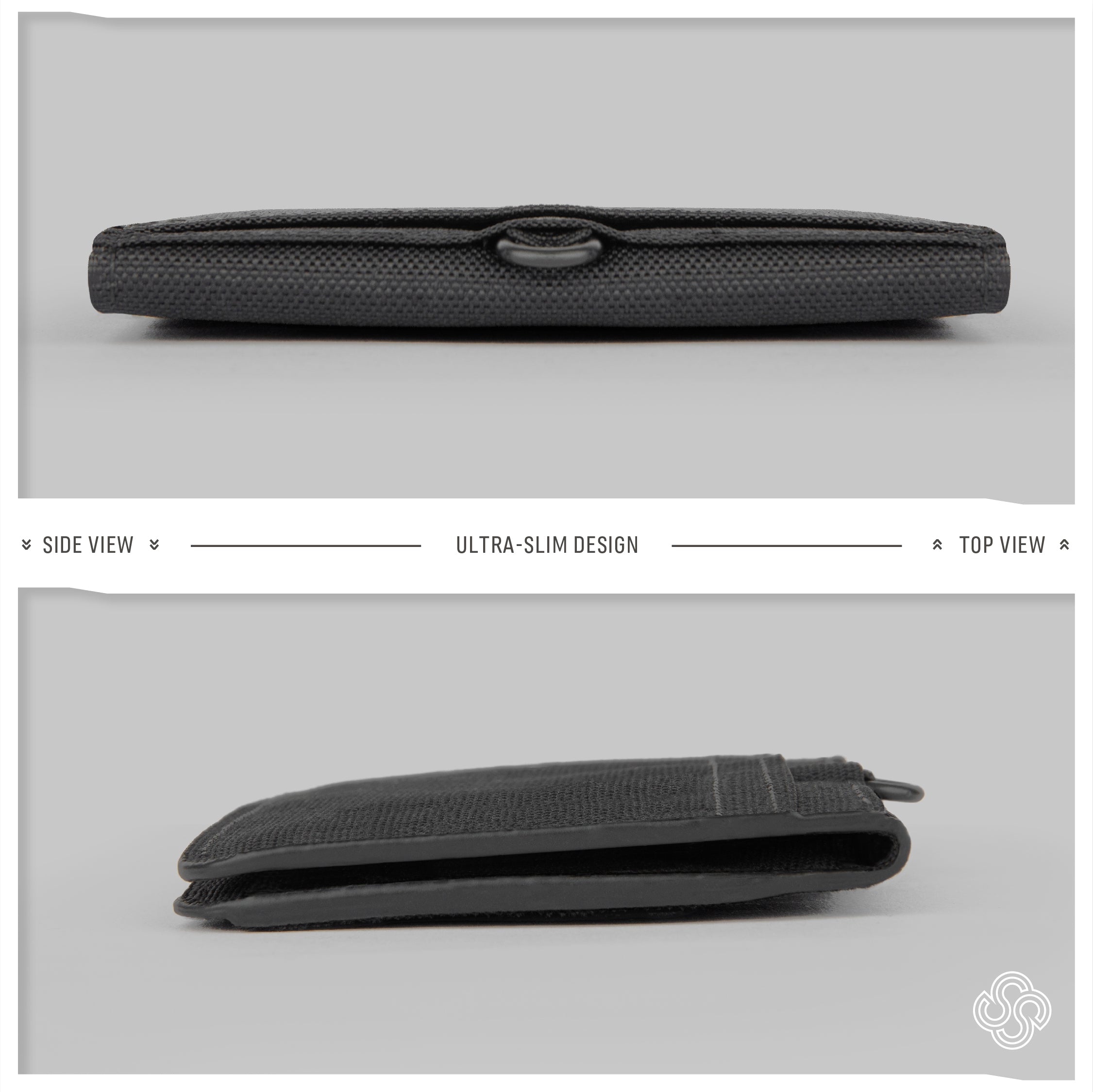 Profile and overhead view of the ultra-slim Monarc wallet, emphasizing its sleek design. Its minimalist construction is highlighted through precision stitching and a discrete pull tab, crafted from durable recycled fabric, perfect for those who value elegance and environmental consciousness.