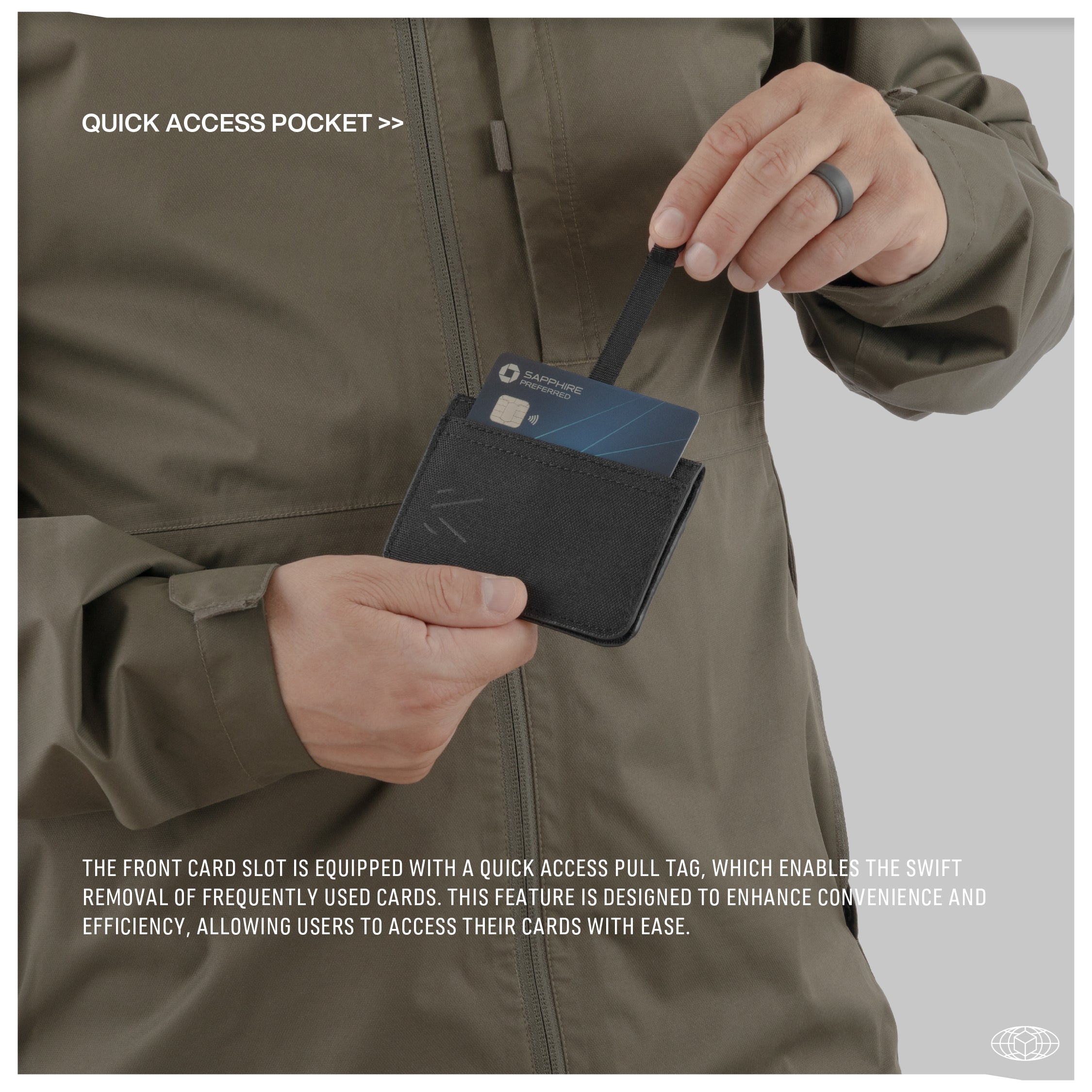 Close-up of a person extracting a card from the quick access pocket of Monarc's black wallet, demonstrating the pull tag for easy card retrieval. The wallet's textured, recycled fabric and subtle logo add a touch of sophisticated practicality