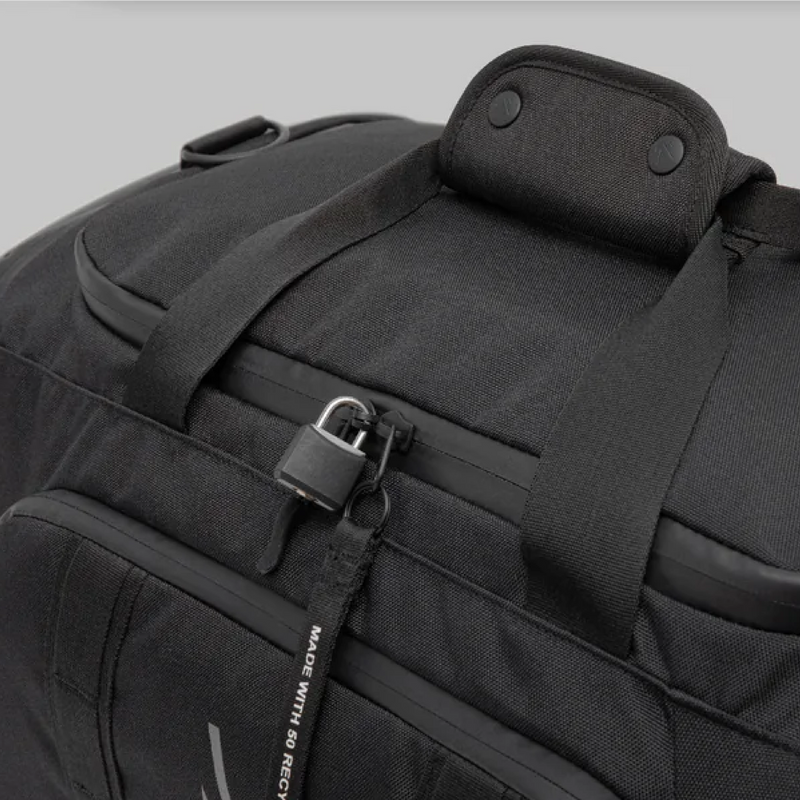 Monarc travel duffel backpack showing lockable zippers